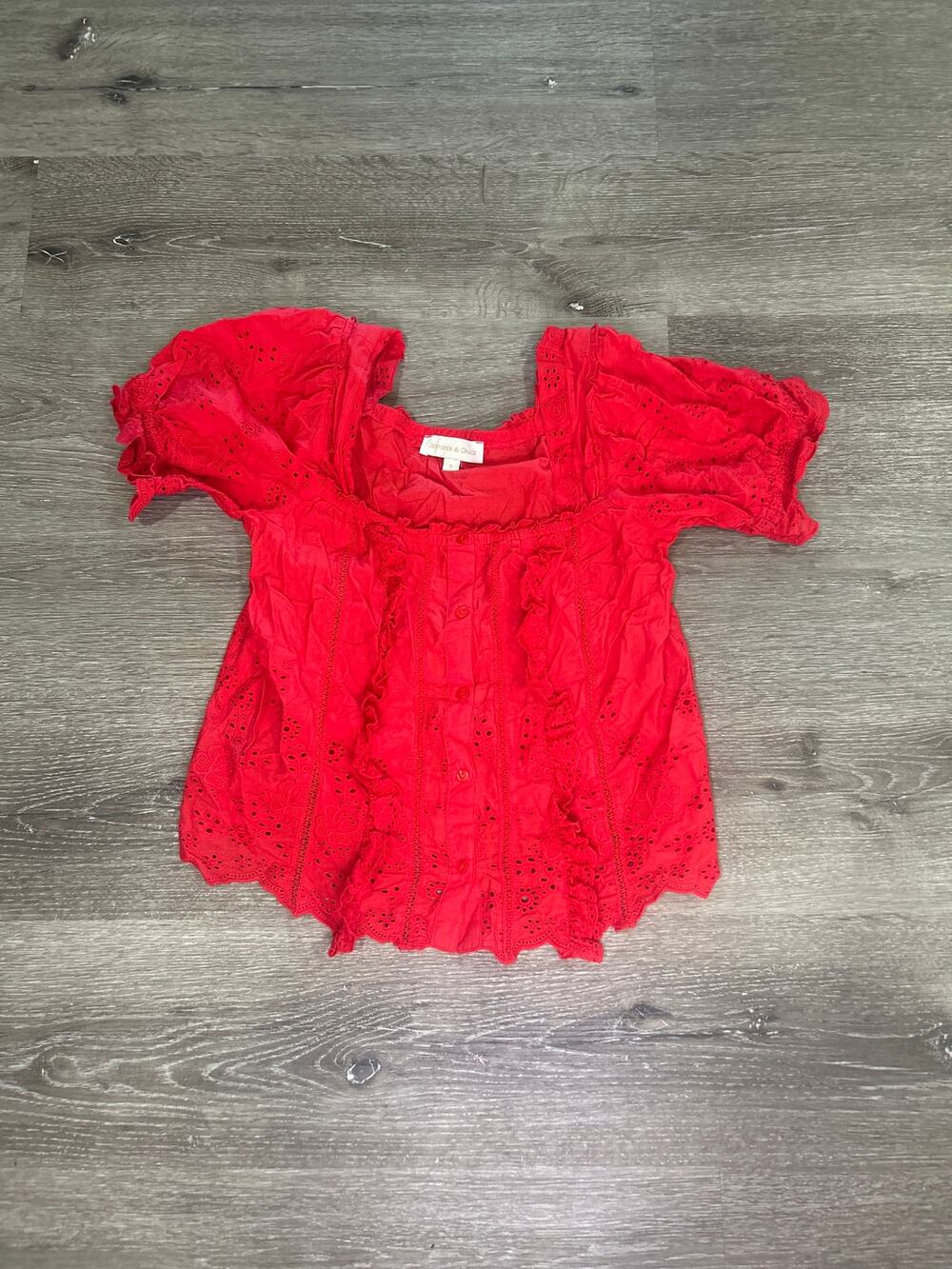 Jennifer & Grace Red Eyelet Boho Blouse Sz S Ruffle Square Neck Cottagecore Puff